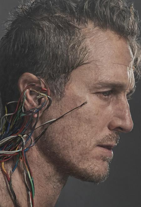Side view portait of a man half human and mecanical,  cables like veins, multicolor,
Wide range of colors., Dramatic,Dynamic,Cinematic,Sharp details
Insane quality. Insane resolution. Insane details. Masterpiece. 32k resolution.