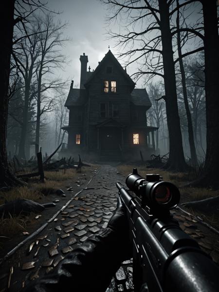 Horror-themed photorealistic first person shooter video game screenshot, epic scene . Eerie, unsettling, dark, spooky, suspenseful, grim, highly detailed
