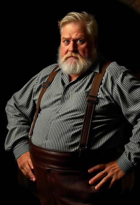 seen from the side front, professional model photograph with dramatic lighting, dark night, dark background, lowlight, in dark wine cellar,  stereotypical traditional bavarian german granddad, tall big man with large belly, deep blue-green eyes, bushy eyebrows, pale blonde hair, big bushy eyebrows, tanned sun-kissed skin, lederhosen, bavarian leather pants, leather suspenders, small golden earring, stern serious arrogant dominant personality, disgusted arrogant expression, hands on hips