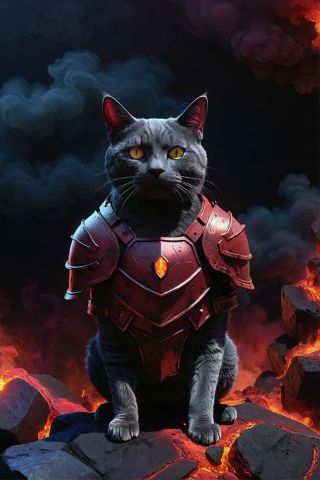 Octane render, (Cat of Elementals:1.3) , Vibrant, Burgundy smoke, wearing armor, dark black and Navy Blue background, warm lava pit, Panorama, dark art, designed by Rudolf Hausner, anaglyph effect, ultra high res