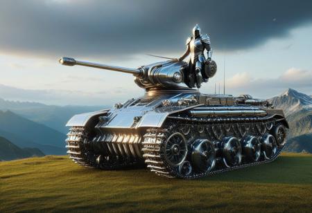 Action scene, movie wallpaper, qu4ntum tank on top of a mountain, clouds, group scene, a group of qu4ntum knights standing around a tank, shiny metal armor, glistening armor, dew, shiny tank, realistic tank, shiny metal, sun, from side, close up, knights leaning on a tank, knights sitting atop a qu4ntum tank