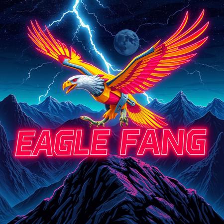 A robotic eagle flying over a mountain-top. red and yellow stripes.  snake in its talons. fanged beak.
Background mountains at night. Cosmic skyscape.  Synthwave colorscheme. Very realistic, fantasy illustration.
with the words "EAGLE FANG" emblazoned in 3D, intricate, lightning patterns, with a predominantly neon colors,