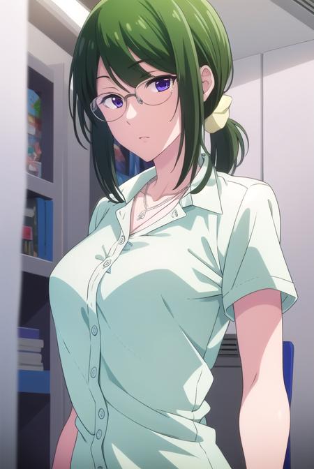 hanakokoyanagi, <lyco:hanakokoyanagi-lyco-nochekaiser:1>,
hanako koyanagi, green hair, low ponytail, (purple eyes:1.1), glasses,
BREAK skirt, shirt, necklace, office lady,
BREAK looking at viewer,
BREAK indoors,
BREAK <lora:GoodHands-vanilla:1>, (masterpiece:1.2), best quality, high resolution, unity 8k wallpaper, (illustration:0.8), (beautiful detailed eyes:1.6), extremely detailed face, perfect lighting, extremely detailed CG, (perfect hands, perfect anatomy),