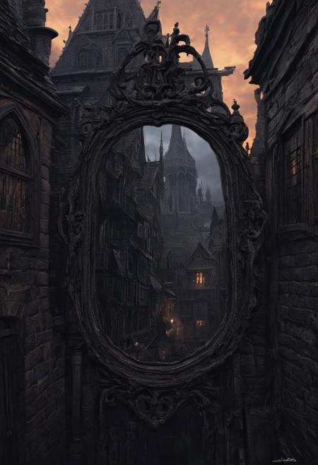 the city of Yharnam, the city of Yharnam is inside the small mirror, The small mirror is centered, bloodborne, The mirror is small, The mirror borders are plain, twilight, Don't be real, oil painting, done with japanese brush technique, realistic, extreme detail, scary, terrifying, dark and warm environment, 8k, looking at viewer, looming, Comic style
<lora:add-detail-xl:1> <lora:xl_more_art-full_v1:0.5>  <lora:looking_at_viewer:2>