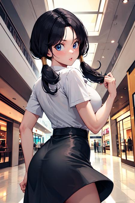 masterpiece, best quality, highres, videl2, solo, blue eyes, black hair, twintails, medium breasts, <lora:videl_v10:0.7>, cowboy shot, mall, high-waist skirt,