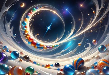masterpiece, best quality, detailed illustration, (brighten the front:1.0), Weightless marbles floating in space. marble with sparkling comet tail.