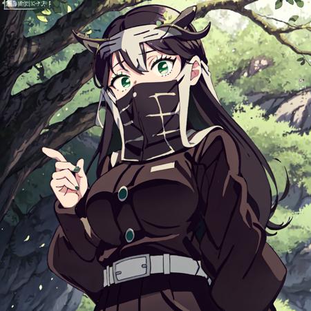 <lora:Kakushi_Girl-10:1>outdoor,forest,high quality,Masterpeace,Kakushi_Girl, 1girl, solo, black hair, green eyes, belt, mask, covered mouth, white belt, demon slayer uniform