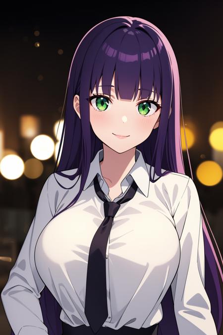 1girl, solo,
long hair, straight hair, purple hair, green eyes, blunt bangs, large breasts, white shirt, collared shirt, necktie, seductive smile, long sleeves,
portrait, night, simple background, blurry background, bokeh, outdoors,
masterpiece, best quality,