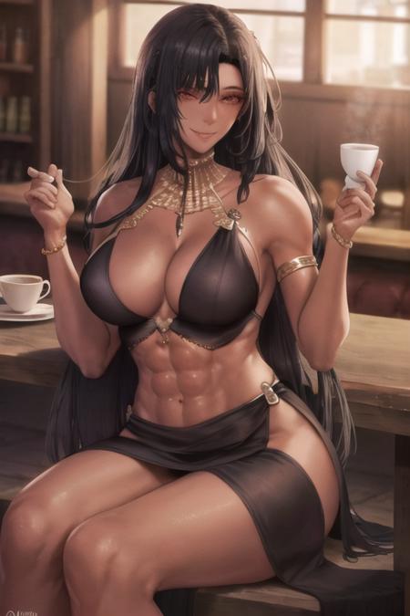 mature_female, solo, cafe, table, sitting, perfect face, black_hair, red_eyes, large_breasts, very_long_hair, smile, dark_skin, dark-skinned_female, (Masterpiece, Best Quality:1.2), egyptian, abs, black_dress, <lora:ERO404-08:0.7>