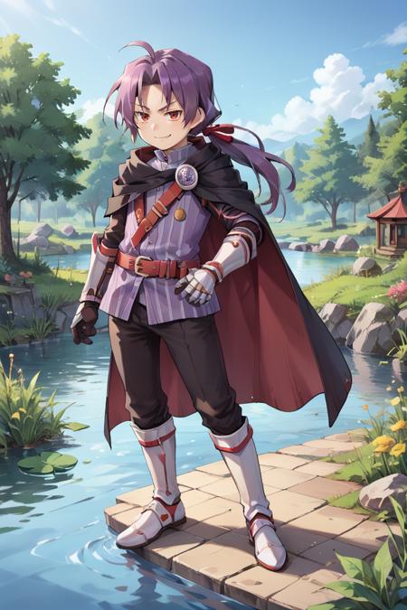 rusdef, 1boy, red eyes, purple hair, long hair, ponytail, low ponytail, hair ribbon, black cloak, cape, tunic, belt, black pants, gloves, gauntlets, white boots,