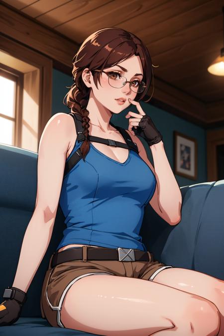 (masterpiece, best quality:1.2), 1girl, solo, breasts, <lora:ashrss:1>, ashrss, braid, tank top, single braid, gloves, shorts, fingerless gloves, sunglasses, holster, tinted eyewear, thigh holster, brown shorts, indoors, depth of field, couch, sitting, dark room, depth of field,