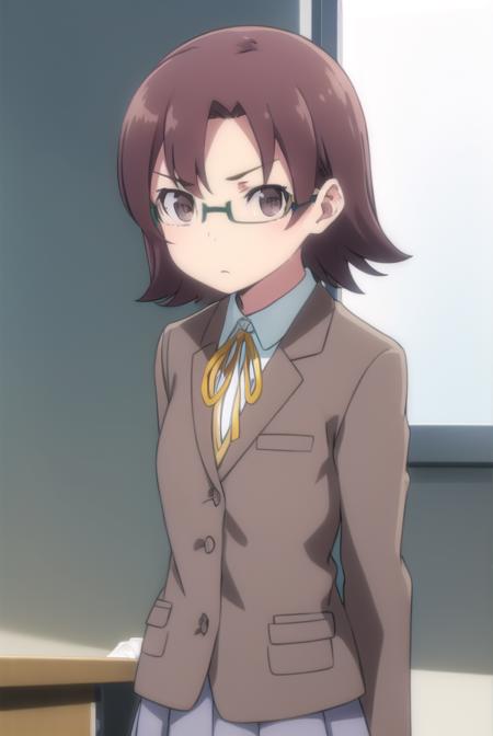 senaakagi, <lora:sena akagi s2-lora-nochekaiser:1>,
sena akagi, short hair, brown hair, glasses, (brown eyes:1.5),
BREAK skirt, ribbon, school uniform, blazer, grey skirt, shirt, white shirt, collared shirt,
BREAK indoors, classroom,
BREAK looking at viewer, (cowboy shot:1.5),
BREAK <lyco:GoodHands-beta2:1>, (masterpiece:1.2), best quality, high resolution, unity 8k wallpaper, (illustration:0.8), (beautiful detailed eyes:1.6), extremely detailed face, perfect lighting, extremely detailed CG, (perfect hands, perfect anatomy),