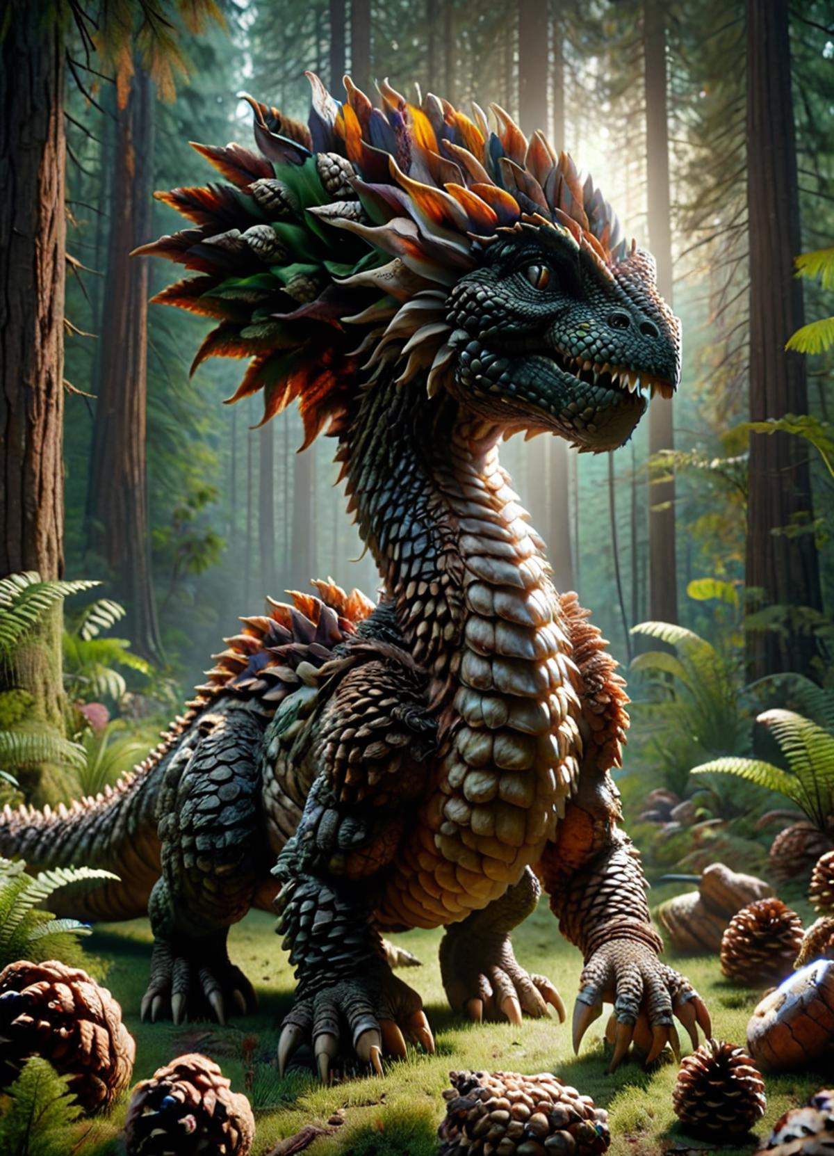 A 3D rendering of a dragon standing in a forest with a green background and a sun shining through the trees.