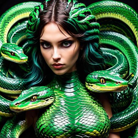 sn4ke, Medusa, serpents for hair, piercing gaze, eyes that turn people to stone, greenish scaly skin, twisted beautiful face, woman's body, serpent-like lower half, dark and eerie ancient setting, portrait