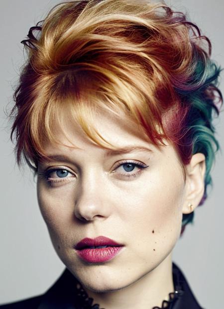 portrait of sks woman by Flora Borsi, style by Flora Borsi, bold, bright colours, rainbow Mohawk haircut, ((Flora Borsi)), <lora:locon_leaseydoux_v1_from_v1_64_32:1.25>