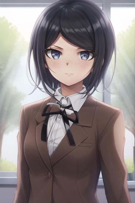 Masterpiece, Best Quality,  <lora:MukuroDG:1>, 1girl, solo, jacket, ribbon, shirt, neck ribbon, upper body, looking at viewer, collared shirt, brown jacket, white shirt, black ribbon, breasts, closed mouth, long sleeves, shiny hair, school uniform, medium breasts, shiny, classroom, freckles,