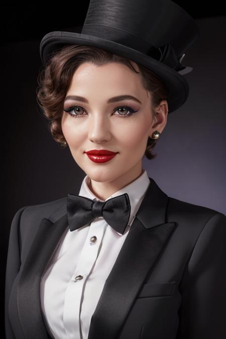 photo of a woman, <lora:danielleriley-10:0.6>, danielleriley,((wearing a tuxedo jacket, shirt, bowtie, top hat, short hair):1.1), ((closeup, portrait)),((on stage, spotlights):1.2), ((red lipstick, makeup)), (smile), ((best quality, masterpiece, extreme details, high resolution):1.2),((detailed eyes, beautiful eyes, detailed face, beautiful face):1.2)