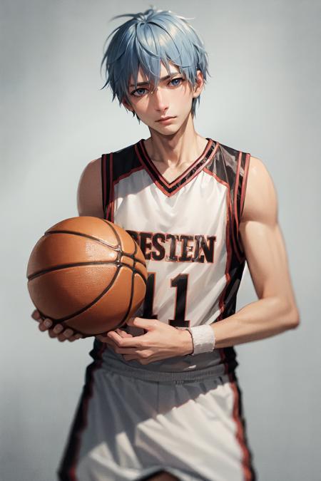 (masterpiece, best quality:1.2), <lora:kb_kuroko-10:0.8>, cowboy shot, solo, male focus, 1boy, kuroko tetsuya, expressionless, closed mouth, looking at viewer, basketball uniform, basketball court, basketball