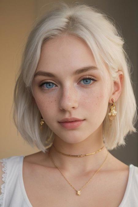(1girl:1.15), short voluminous fluffy bright white hair, (European:1.3), blue eyes, (close up face:1.3), (20 years old, young:1.2), white dress, (earrings:1.2), piercing, jewelry, (inviting expression:1.3), choker, (cream eyeliner:1.2), with subtle freckles, subtle skin blemishes, visible skin pores, natural skin texture, cozy bedroom, photorealistic, masterpiece, (golden hour:1.3), (warm glow:1.3), warm colors, (80mm f/1.2 portrait:1.3), RAW Photograph, leica full frame camera, high quality, insane details, masterpiece, 8k