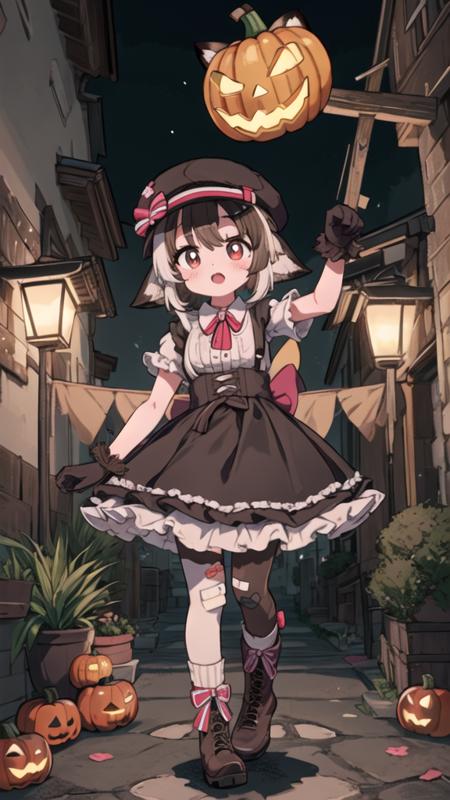 masterpiece, best quality, 1girl, 
(halloween background:1.2)
<lora:OkuriSae-v1:0.8>
cabbie_hat, striped, red_ascot, red_bowtie,
two-tone_hair, brown_hair, animal_ears, ears_down,