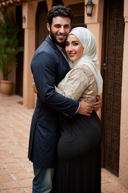 high quality, outside, moroccan style, djellaba, traditional clothes, hijab, happiness,smile, one male, late twenties, brown eyes, dark hair, rough looking, manly face, strong facial features, Beard2Alpha, full beard, thick hair, hairy chest, hairy body, one female, huge tits, big boobs, fat, curvy body, big Cleavage, wide hips, thick hips, soft focus, soft light, straight couple, couple, hug, hug from behind