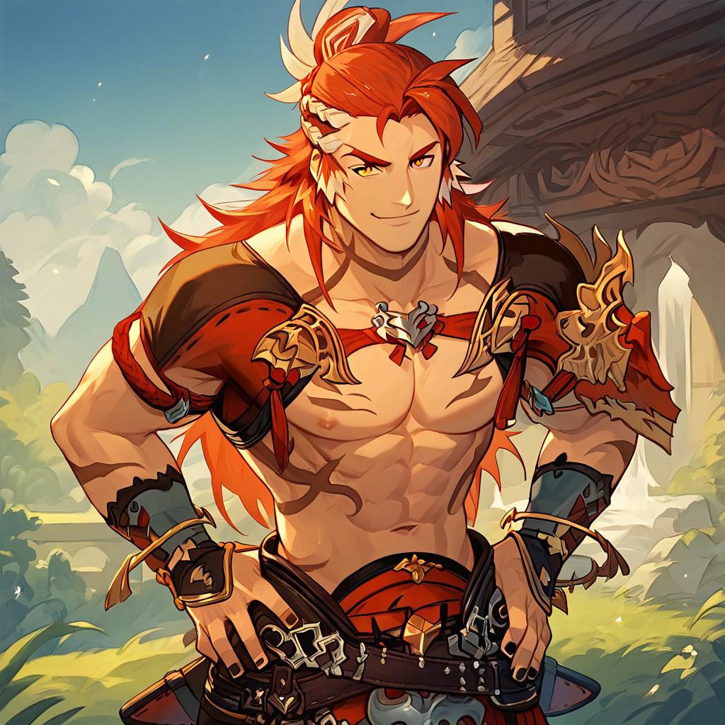 score_9_up, score_8_up, score_7_up, best quality, amazing quality, best aesthetic, perfect eyes, 1boy, solo, male focus, Wilnasgbf, orange eyes, red hair, multicolored hair, long hair, body markings, black polish, muscular male, shoulder armor, leather belt, red pants, gauntlets, looking at viewer, smile, closed mouth, hands on hips, large pectorals, waist up, hand on hips, outside, sunny, blue skies, expressiveh