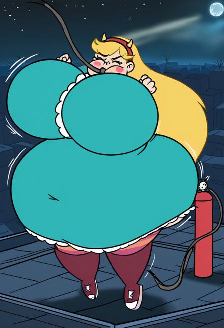 ((full body, solo, smooth shading, cartoon:1.2)), (roof, city, night, full moon, Helium tank,), eyelashes, (angry, frown, hose in mouth, clenched hands, eyes closed, harder, forces, tense, taut, giving push, motion lines, front view), (voluptuous, growth, increase, intensity, hyper breasts, hyper hips, chubby:1.4), floating, starbutterfly, 1girl, blonde hair, horned headwear, hairband, long hair, solo, heart, blue eyes, facial mark, very long hair,teal dress,striped pantyhose,boots, blush stickers