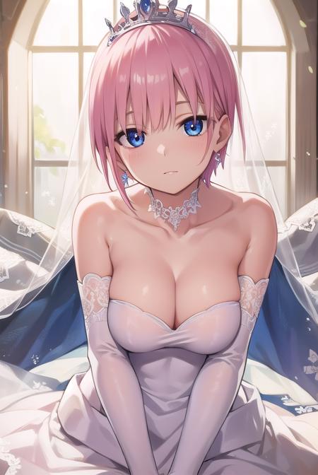 ichikanakano, <lora:ichikanakanotest:1>, ichika nakano, short hair, bangs, blue eyes, hair between eyes, pink hair, earrings,
BREAK gloves, dress, cleavage, bare shoulders, collarbone, elbow gloves, white gloves, white dress, strapless, tiara, veil, strapless dress, wedding dress, bridal veil,
BREAK indoors, church,
BREAK looking at viewer, BREAK <lora:GoodHands-vanilla:1>, (masterpiece:1.2), best quality, high resolution, unity 8k wallpaper, (illustration:0.8), (beautiful detailed eyes:1.6), extremely detailed face, perfect lighting, extremely detailed CG, (perfect hands, perfect anatomy),