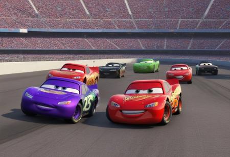 aidmafluxpro1.1, in the style of Jed-clrfl,  
highly detailed 8K image, 
This is a super high-quality 8K photo. This is a high-quality photo of the cars from the Pixar Cars series, just like real cars. It shows Lightning McQueen racing against other cars from the Pixar Cars series in a grand racing stadium. There are a lot of spectator cars in the stadium. Lightning McQueen is in the lead, Jackson Storm is in second place, and Cheek Hicks is in third place. Several cars collide, creating huge flames and smoke, but Lightning McQueen, Jackson Storm and Chick Hicks luckily escape the crash and remain in the lead.