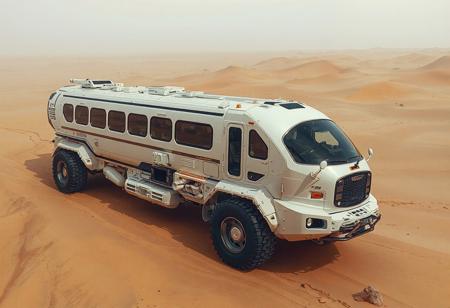 1 vehicle, 
cyberpunk long motorcoach.  large wheels. Large cabin    
 in a desert background. 
View from above.