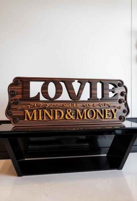 A striking, oversized wooden sign sits prominently on an elegant, polished table, radiating luxury and Italian flair. The sign is carved from rich, dark walnut with intricate, high-fashion details along the edges—sleek, modern swirls with Romanesque accents and gold-tinged geometric engravings. Stylized motifs like olive branches and grapevines add an exclusive touch, blending timeless elegance with cutting-edge style. The table itself is sleek and minimalist, made of glossy marble or polished wood, elevating the luxurious feel of the sign.
The bold, hand-carved letters on the sign, arranged over four lines—‘LOVE,’ ‘SOUL,’ ‘MIND,’ and ‘MONEY’—are written in a chic, fashion-forward script that combines elegance with a sharp, modern edge. The letters are adorned with subtle gold accents, making them shimmer as the light catches them. Set against the table, the entire display exudes the essence of high-end Italian design, like a fashion statement piece in an exclusive boutique or upscale space, where artistry meets contemporary luxury. The combination of the finely crafted sign and the sleek table creates a perfect blend of sophistication and high-fashion allure.