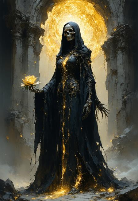An alluring necromancer commands a soul-rending ritual in a cathedral of shattered obsidian, low-angle perspective amplifying her towering presence amid floating bone shards. Gold-and-black Art Nouveau filigree robes cling to her form, skin etched with luminous, vein-like cracks pulsing necrotic energy. Influenced by Brom’s dark fantasy dynamism and Klimt’s gilded opulence: spectral amber backlighting carves jagged shadows. Swirling void-smoke merges with glowing crimson runes above her palms. Molten gold bleeds into cracks beneath her feet; a skeletal hand offers a wilted rose at her boots. Tarnished silver embroidery, iridescent ectoplasmic mist, crackling marble skin. Chiaroscuro intensifies opulent decay.
