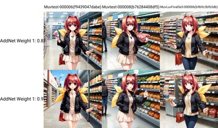 solo, Kagami Sumika, red eyes, red hair, ahoge, jacket, (yellow bow:1.1), walking, supermarket, holding shopping bags, angry