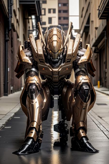 <lora:zzmckzz_v1:1>
masterpiece, highly detailed photorealistic 8k raw photo, volumetric lighting and shadows, best quality 
brown metallic mecha, glowing texture, (Leaning forward with one hand on the knee:1.2)
clear and defined alleyway background