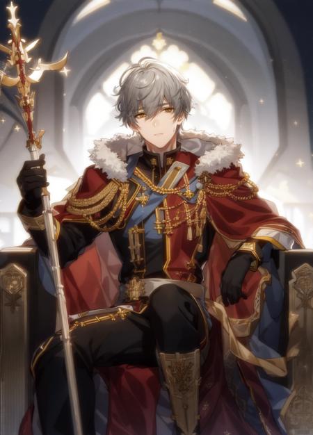 best quality, masterpiece, highres, male focus, 1boy, solo, bara, gray hair, caelus, yellow eyes, looking at viewer, detailed face, highly detailed, beautiful, beautiful lighting, blush, bulge, god rays, light rays,  party,  depth of field, formal, royal, prince, blush, scepter, throne, sweating, sweat, cathedral, stars, crown of light, red fur cape, (Eachcolorblockisclearlydistinguished:1.1), <lora:caelus:0.6>