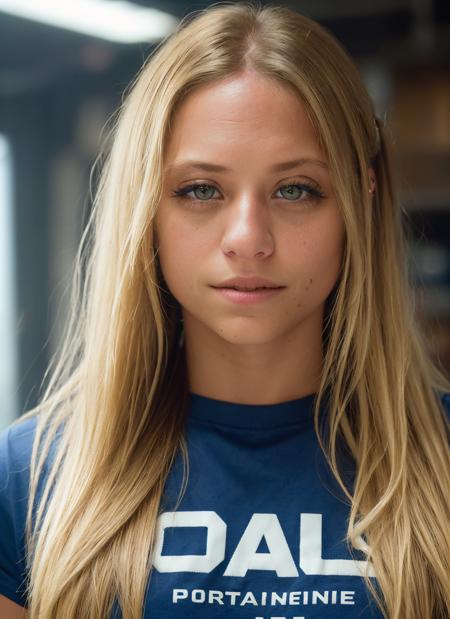 portrait of skswoman, happy , wearing t-shirt , with natural blonde Half-up, half-down hairstyle , background dungeon epic (photo, studio lighting, hard light, sony a7, 50 mm, matte skin, pores, colors, hyperdetailed, hyperrealistic), <lyco:Michelle JennerV2:1.2>