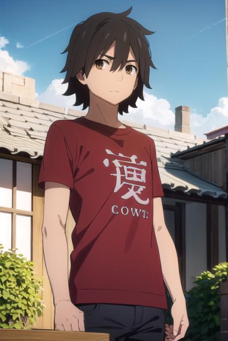 jintayadomi, <lora:jinta yadomi s1-lora-nochekaiser:1>,
jinta yadomi, black hair, male focus, (brown eyes:1.3),
BREAK shirt, pants, t-shirt, red shirt,
BREAK outdoors, house, fields, grass, sky, sun, clouds,
BREAK looking at viewer, (cowboy shot:1.5),
BREAK <lyco:GoodHands-beta2:1>, (masterpiece:1.2), best quality, high resolution, unity 8k wallpaper, (illustration:0.8), (beautiful detailed eyes:1.6), extremely detailed face, perfect lighting, extremely detailed CG, (perfect hands, perfect anatomy),