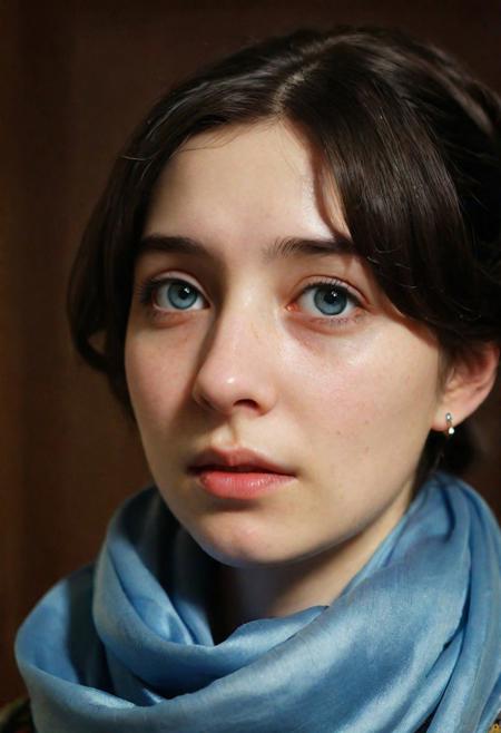 a very close up image Humanoid robotic girl , ((Jane Margolis)), a 18 girl with a blue scarf around her neck , made in 2024, portrait of college girl, attestation, dressed in long fluent skirt, (35mm,F/2.8), ((Photo Focus, DOF, Aperture)) insanely detailed and intricate, realistic character, woman looking at the the camera, hyper-maximalist, elegant, ornate, beautiful, innocent, attractive, captivating, hyper-realistic, very closer to the camera , unconnected, bump mapping, fictitious birds fly, emotional girl, a woman's profile, liberation,in the style of akira, wrinkled skin, angelic purity, late night melancholic photo,  as above so below, uncompressed png, little detail, time consumes us all, the angels are crying, macro hyperdetailed photograph, emerging from darkness, shadows, wide angle, kodak gold 200 analog film, faded, grainy, short black hair, short woman, age delaying, dark studio, a photorealistic image