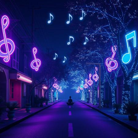 A peaceful night street filled with glowing neon signs shaped like musical notes, soft purple and blue ambient lighting, floating sound waves in the air, tranquil atmosphere, trees glowing with bioluminescent light, a calm figure meditating in the distance, surreal and dreamy, high-detail, cinematic lighting, 16:9 aspect ratio