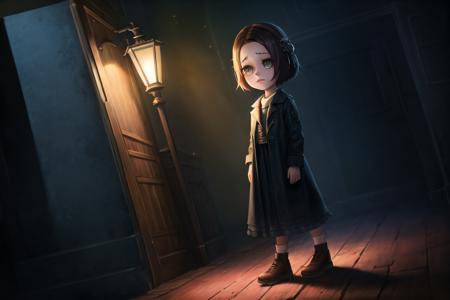 extremely detailed CG unity 8k wallpaper, masterpiece, night, dark, best quality, Cool colors, rim lighting, dimly lit, low key, colorful, 8k, detailed background, shadow, ray tracing, modelshoot style, ultra detailed, ultra quality, 
identity v, 1girl, upper body, indoor, sad,full body, 
<lora:IdentityV:0.8>,