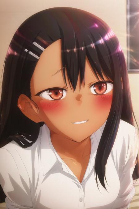 masterpiece, best quality, detailed, 1girl, nagatoro,  <lora:NagatoroLora:1>, black hair, blush, cute eyes, cute, lying, on bed,