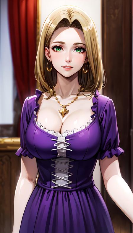 purple dress blonde hair green eyes gold necklace earrings