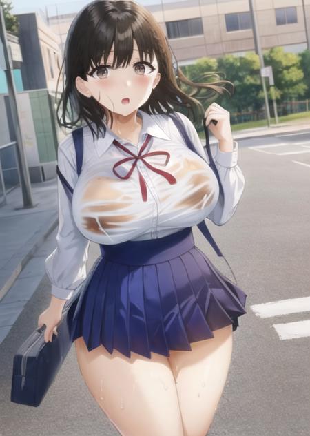 thick thighs, large breasts, woman,(netorare),toshoshitsunokanojoseisonakimi,school uniform, school background,wet,<lora:ToshoshitsunoKanojoSeisonaKimi-08:0.85>