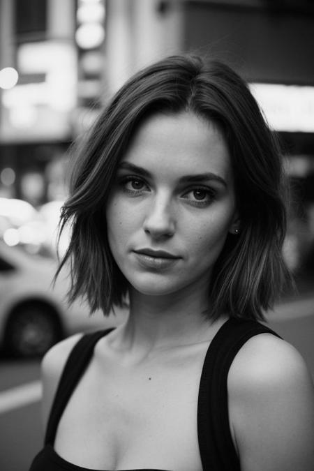 1 girl, (30 years old slim girl with verty short blonde hair),(beautiful face,exquisite face,skin texture:1.2), black shirt, upper body portrait, (ultra-wide angle:1.3), from front, watching away, pale skin, (masterpiece,best quality,ultra high res:1.2),(photo-realistic:1.3),tokyo street at dusk, rim lightinig, dimly lit, kodak tri-x 320, faded
