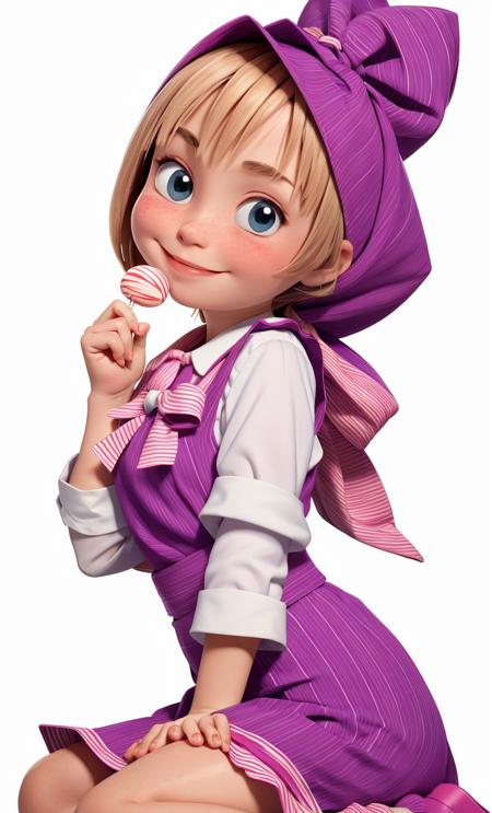 <lora:Masha_and_the_Bear:1> raised leg, white shirt with striped sleeves, slightly upturned mouth, pinkish-red lollipop, hands near face with clasped fingers, holding up one finger, purple headscarf with white lining and bow, slight smiling expression