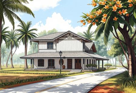 (Ultra-realistic, 32k, Masterpiece, High Quality, Detailed Realistic Background, Official Art, Realistic Lighting, filmfotos).
Sketch design, illustrator art, hyper detail architecture design sketch.
Japandi house, two stories farmhouse, Nearby farmland and garden. Direction connected road. Surrounded by Tropical trees.
60% primary color: Warm Cream, Soft Light Wood

30% secondary color: Charcoal Gray, Rich Mahogany

10% accent color: Dusty Coral, Matte Black, Burnt Orange
