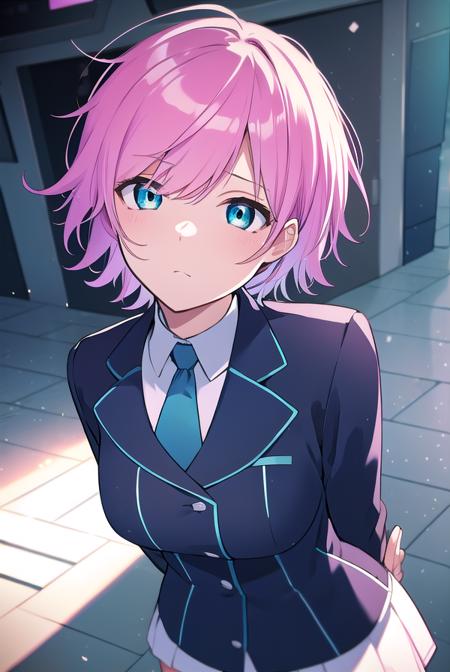 riri yuuhi, aqua eyes, pink hair, short hair, blue footwear, blue jacket, buttons, jacket, long sleeves, miniskirt, necktie, school uniform, skirt, thighhighs, zettai ryouiki