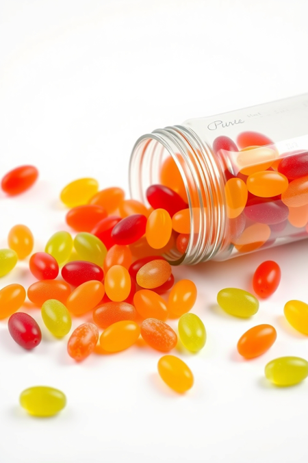 a glass jar tipped over on a white background, spilling out colorful gummy candies. The jar is  positioned on the right side of the image. The candies are oval-shaped and come in vibrant hues of orange, red, and green, creating a visually contrast against the white background. The lighting is soft, highlighting the glossy, translucent quality of the gummies. Studio-style.