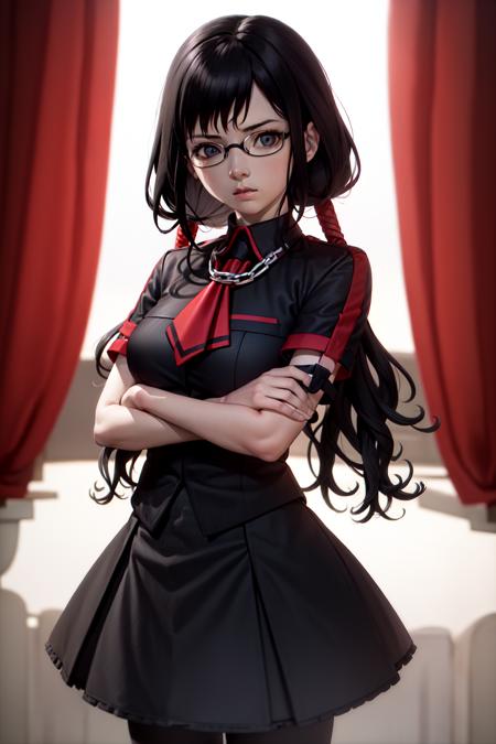 (masterpiece, best quality:1.2), <lyco:blood-c_kisaragi-10:1.0>, cowboy shot, solo, 1girl, kisaragi saya, expressionless, closed mouth, looking at viewer, crossed arms, twintails, glasses, school uniform, skirt