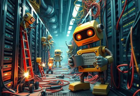 A whimsically chaotic data center where tiny, bumbling robots go haywire. Dressed in miniature mechanic outfits, these endearingly clueless robots clamber up server racks with comically oversized tools, and roll around on squeaky wheels carrying tangled cables and mismatched parts. Sparks fly comically from overheated servers, while robots on ladders juggle spanners and drop screws, causing a frantic buzz. Under the soft glow of blinking lights and colorful, tangled mess of cables, a larger, frazzled robot with a coffee mug reading “World’s Best Supervisor” tries (and fails) to organize the mayhem, utterly exasperated at the pint-sized disaster their tiny co-workers are creating.